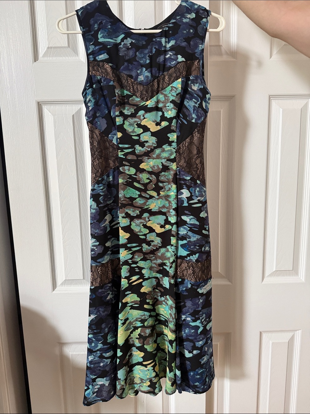 BCBGMaxAzria Navy, Teal and Black Floral Lace-Panel Sleeveless midi Dress